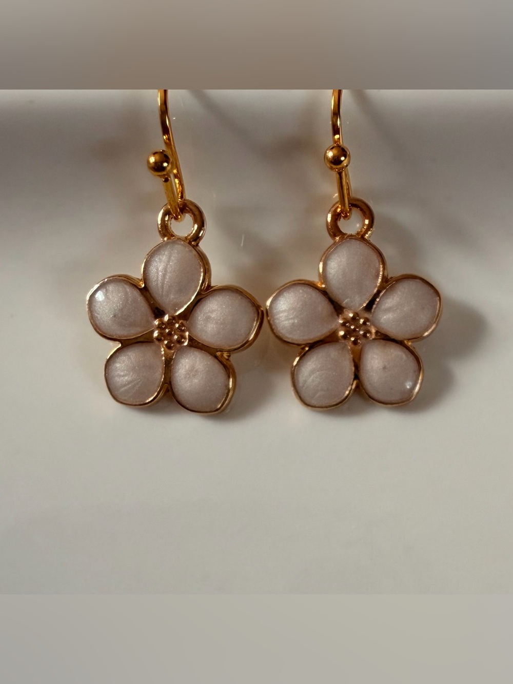Gold Floral Drop Earrings in Soft Pearl White